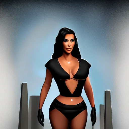 Image similar to kim kardashian as a cop, police uniform, full body view, scary graveyard, pretty, dust molecules, detailed photo, DeviantArt, Artstation, moonlit lighting