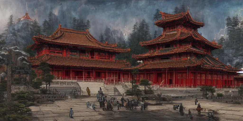 Image similar to a cyberpunk style chinese temple, by ivan shishkin, by james gurney, detailed, atmospheric, 8 k