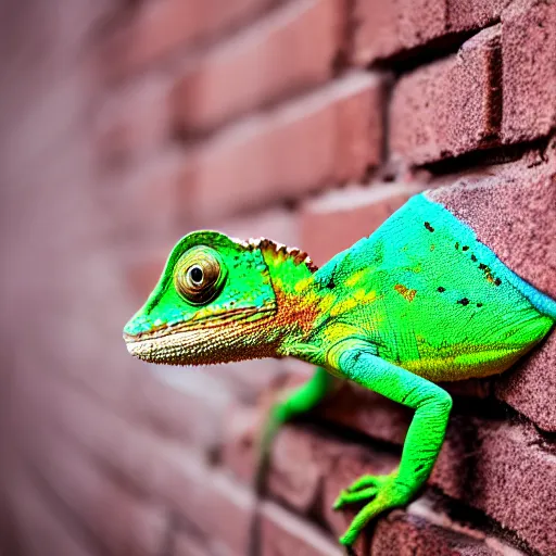 Image similar to a chameleon with leopard pattern on skin sitting on a brick wall, highly detailed, 8K, supersharp photo