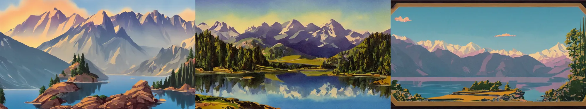 Prompt: lakeside mountains, art deco