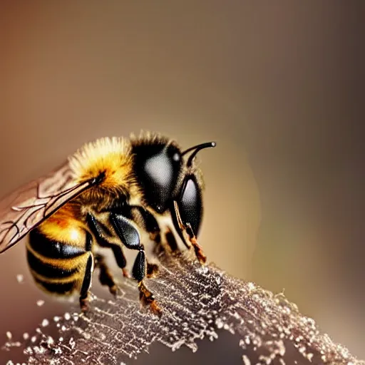 Image similar to a bee trying to reach a huge snowflake, beautiful macro photography, ambient light