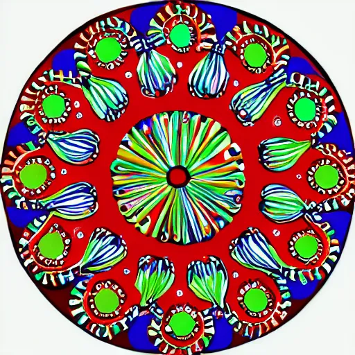 Prompt: 1960s illustrated peppermint candy mandala, highly detailed, giant peppermint candy in the center