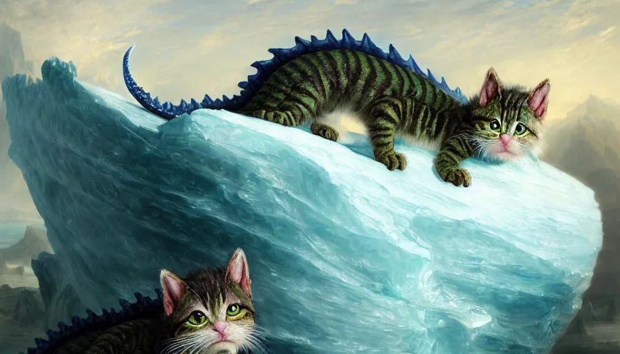 Image similar to highly detailed painting of cute baby furry green dragon kitty cats on a blue and white iceberg by william turner, by greg rutkowski, by william constable, thick brush strokes and visible paint layers, 4 k resolution