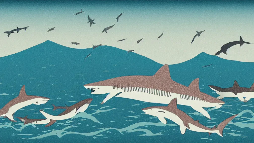 Prompt: A winter in hell, sharks surfacing from the lake, flat design, screen print by Kawase Hasui and dan hillier, 8k unreal engine