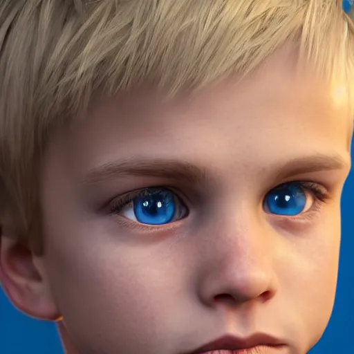 Image similar to a detailed portrait of boy with blonde hair and blue eyes, unreal engine 5 rendered, incredibly highly detailed and realistic, 8 k, sharp focus, studio quality