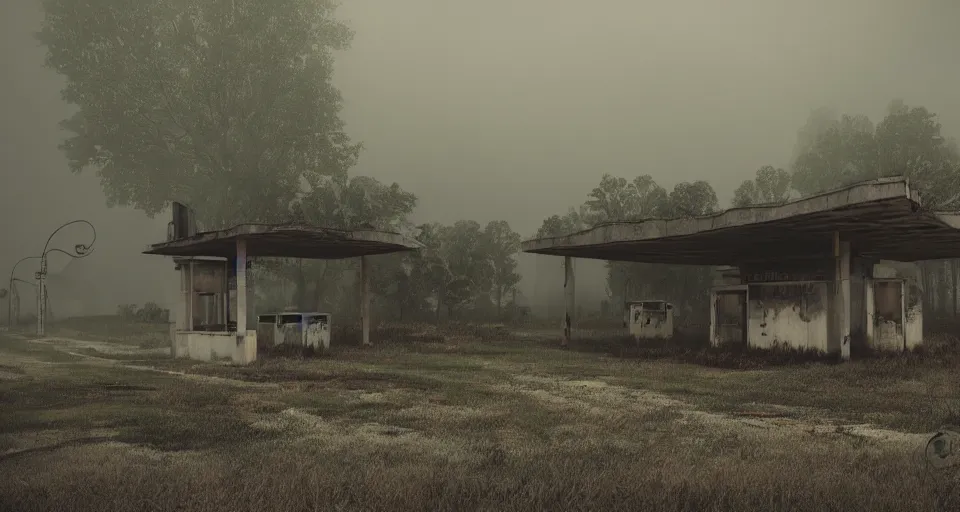 Image similar to Old abandoned gas stations on the side of the road to nowhere, evil, demonic, enchanting, misty, haze, cloudy, angelic, flowers, nature, environment concept, cinematic, cgsociety, dim and dark lighting, cinematic, intricate details, 8k detail post processing, hyperealistic, photo realism, by Stephen King