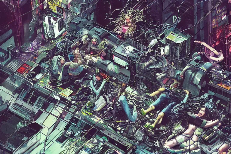 Prompt: a hyper-detailed cyberpunk illustration with a bunch of android females lying over an empty floor, with their broken bodies open and a mess of cables and wires coming out, by masamune shirow and katsuhiro otomo