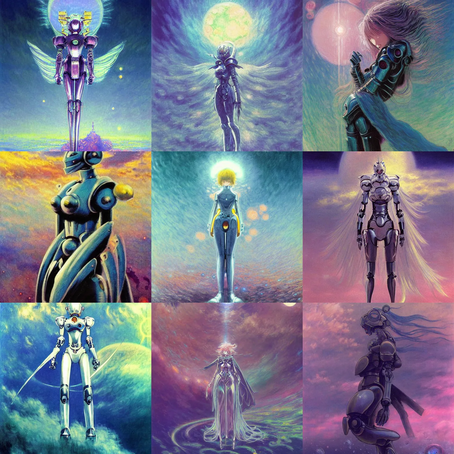 Prompt: masumune shirow shiny metallic mecha knight with cape, ethereal angelic being of light, cute retro anime girl, gloomy face, crystalline translucent hair, sky with swirling clouds, shining crescent moon, spiral heavens, pale pastel colours, zdislaw beksinski, beautiful painting by claude monet