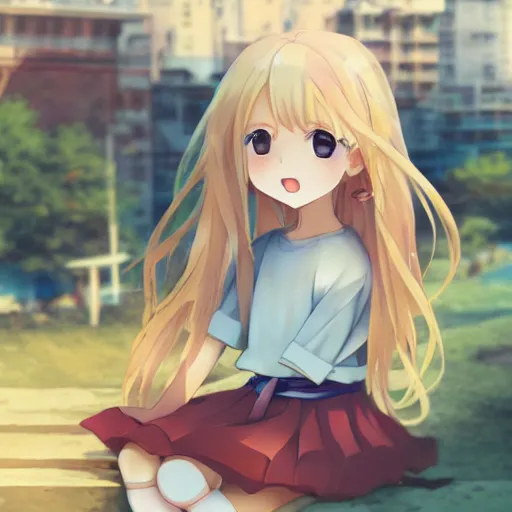 Prompt: a very beautiful anime girl, full body, long wavy blond hair, sky blue eyes, full round face, short smile, cute top, miniskirt, sitting on a miniature city, surround by a miniature crowd,wallpaper by wlop