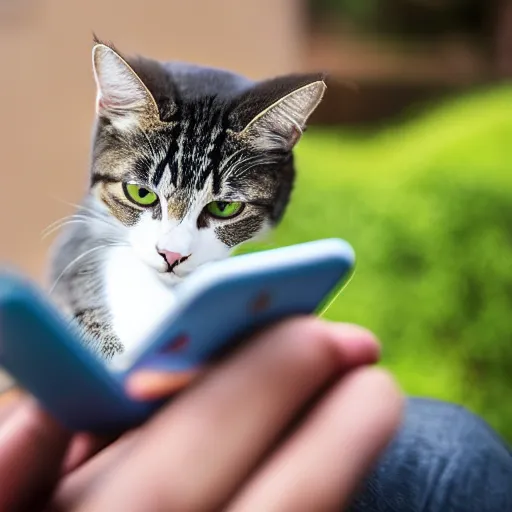 Prompt: photo of a cat playing a gacha game on his phone