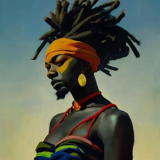 Image similar to Greg Manchess portrait painting of an afropunk villian character with facial tattoo, dreads, heavy build, medium shot, asymmetrical, profile picture, Organic Painting, sunset dark dramatic day, matte painting, bold shapes, high contrast, hard edges, street art, trending on artstation, by Huang Guangjian and Gil Elvgren and Sachin Teng