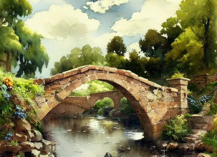 Image similar to watercolor of rustic stone bridge with mural, ivy, summer daylight, bright clear day, clouds, high detailed art by dennis miller bunker, work by anders zorn, wonderful masterpiece by greg rutkowski, beautiful cinematic light, american romanticism by greg manchess, creation by tyler edlin