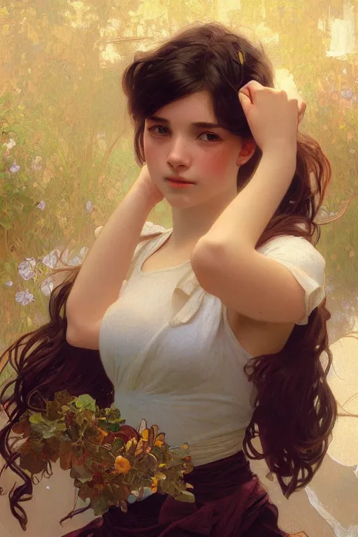 Prompt: portrait of a teen girl, garce, utral high detail, medium shot, rimming light, alphonse mucha, artgerm lau, greg rutkowski