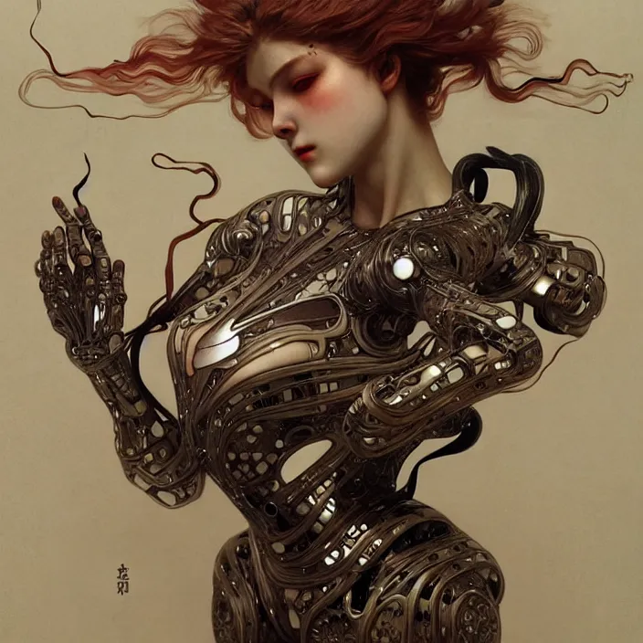 Image similar to ceramic cyborg, japanese raku, diffuse lighting, fantasy, intricate, elegant, highly detailed, lifelike, photorealistic, digital painting, artstation, illustration, concept art, smooth, sharp focus, art by John Collier and Albert Aublet and Krenz Cushart and Artem Demura and Alphonse Mucha