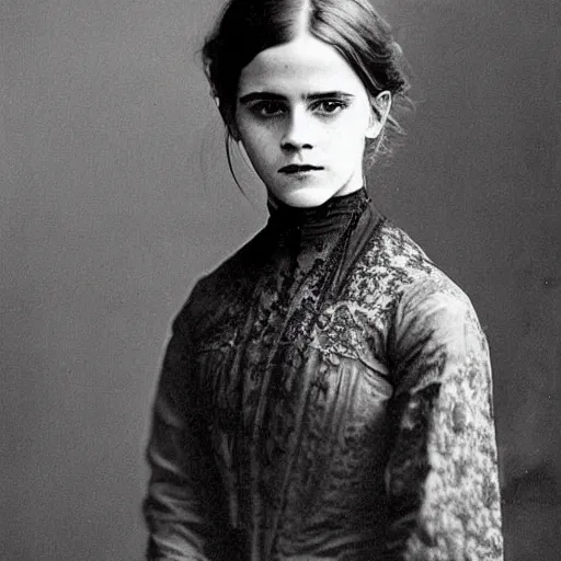Prompt: victorian photograph of emma watson, 1 8 9 0 s photography, 1 9 0 0, realistic face, symmetrical face, studio photograph, grainy, edwardian, old photo