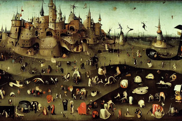 Image similar to urban parking lot painted by hieronymus bosch
