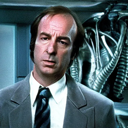 Prompt: film still of saul goodman in alien 1 9 7 9, unreal engine, uhd, by ridley scott and hrgiger, very detailed, realistic