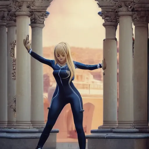 Image similar to blonde - haired princess, anime princess, wearing skinsuit, action pose, parkour, plaza, greco - roman pillars, golden hour, partly cloudy sky, sepia sun, strong lighting, strong shadows, vivid hues, ultra - realistic, sharp details, subsurface scattering, intricate details, hd anime, 2 0 1 9 anime