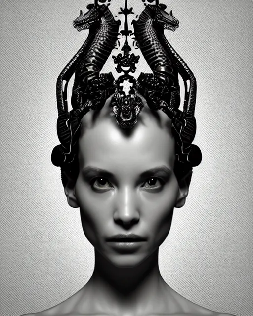 Image similar to a black and white 3D render of a young beautiful female queen-dragon-cyborg bust with a very long neck and Mandelbrot fractal face, Mandelbrot fractal skin, flesh, anatomical, facial muscles, veins, arteries, elegant, highly detailed, flesh highly baroque ornate, hair are cable wires, elegant, high fashion, rim light, octane render, in the style of H.R. Giger, Realistic, Refined, Digital Art, Highly Detailed, Cinematic Lighting, rim light, black and white, photo-realistic, 8K