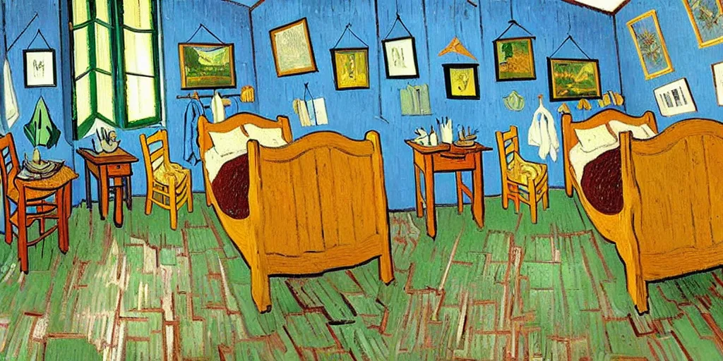 Prompt: a cozy bedroom decorated by Vincent Van Gogh, detailed, high resolution, wow!, intricate