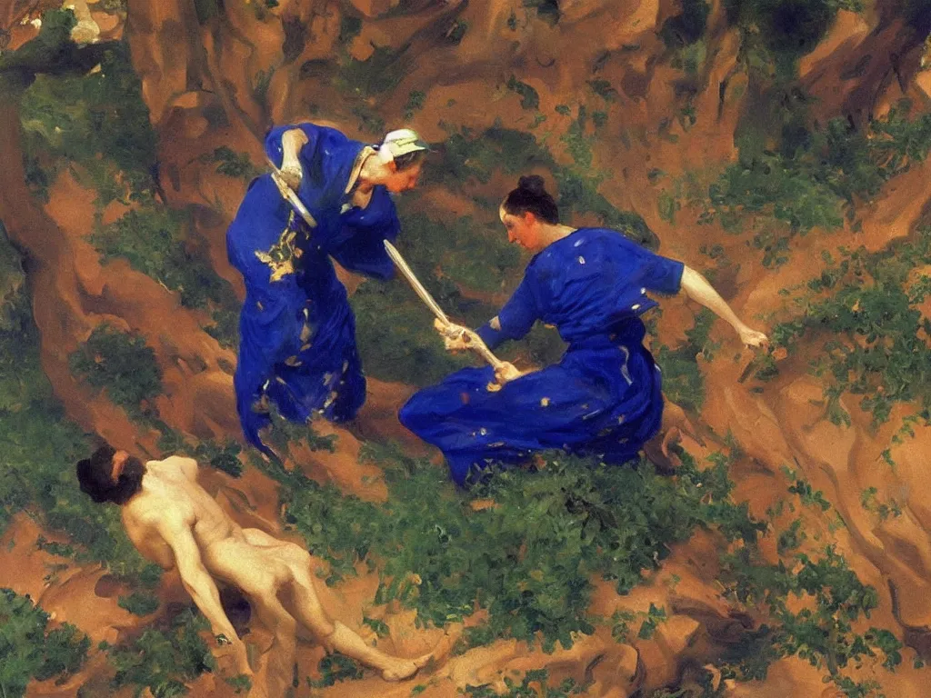 Image similar to painter fighting with lapis-lazuli, malachite, cinnabar pigments. Painting by John Singer Sargent.