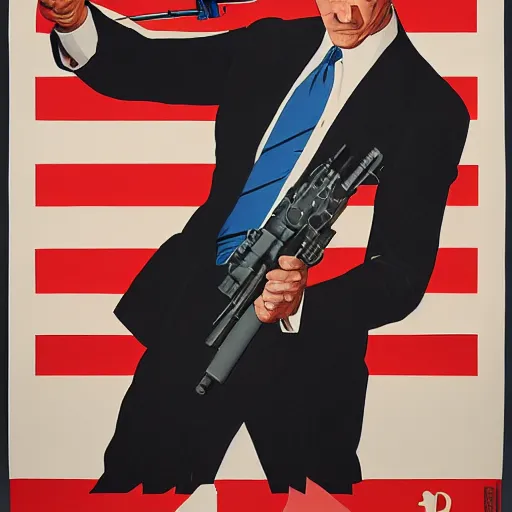 Image similar to propaganda poster of joe biden pointing gun directly at camera in james bond movie, closeup of gun, visible barrel and grip by j. c. leyendecker, bosch, lisa frank, jon mcnaughton, and beksinski