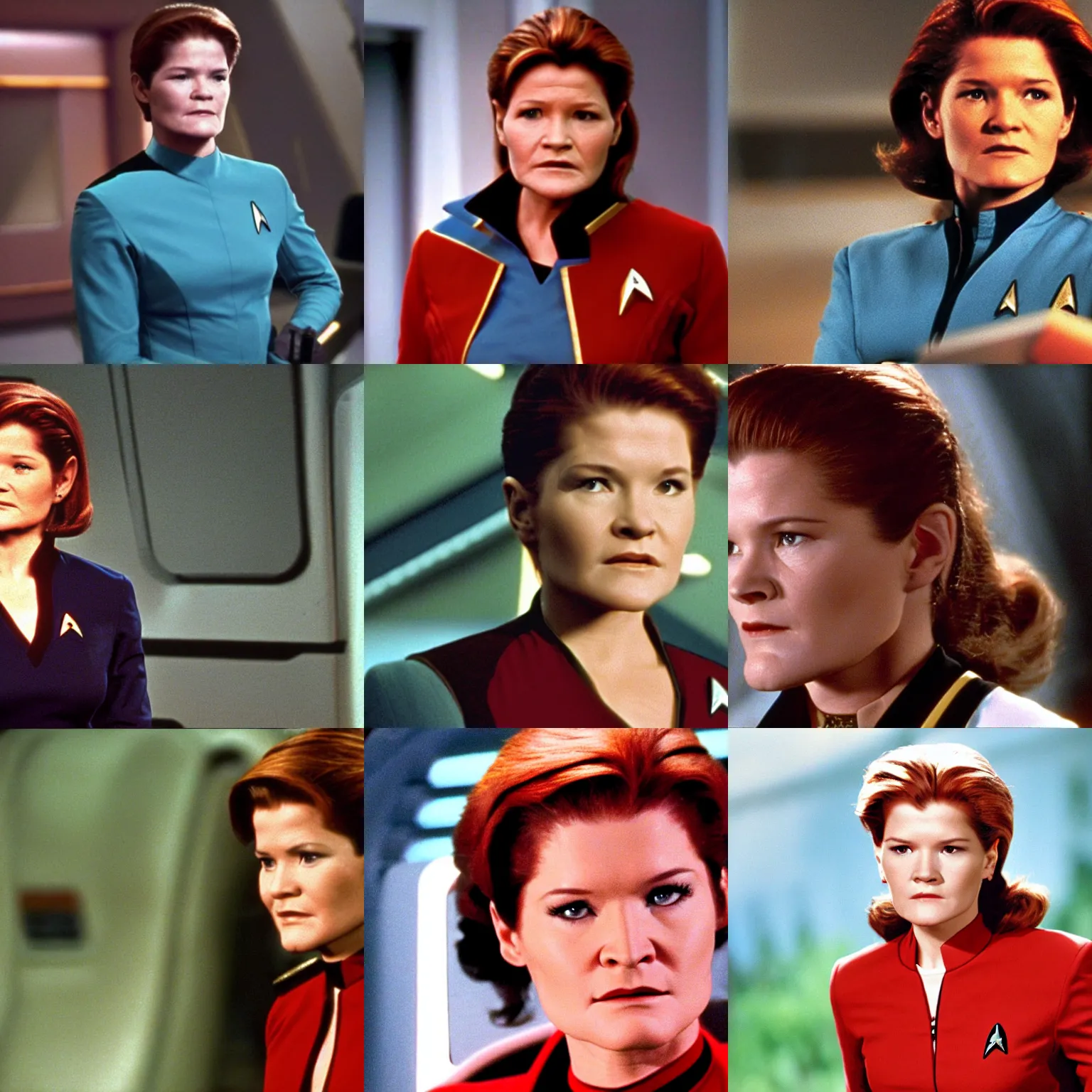 Prompt: tv still of young captain janeway in star trek voyager ( 1 9 9 5 ) 4 k remaster, shot on set