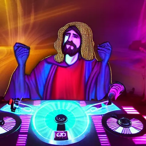 Image similar to jesus is a disk jockey in a london discotheque, photo realistic, mood lighting