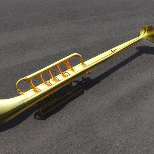 Image similar to trumpet gun, a trumpet with a trigger, magazine, and stock, high quality, unreal engine 5 render, high quality render, octane render, photo realistic, ultra detail, cinematic lighting, realistic