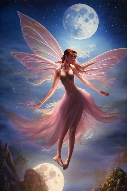 Image similar to attractive fairy magically floating high in the night, fantasy, full moon in background. highly detailed painting by artgerm, mid shot, 8 k