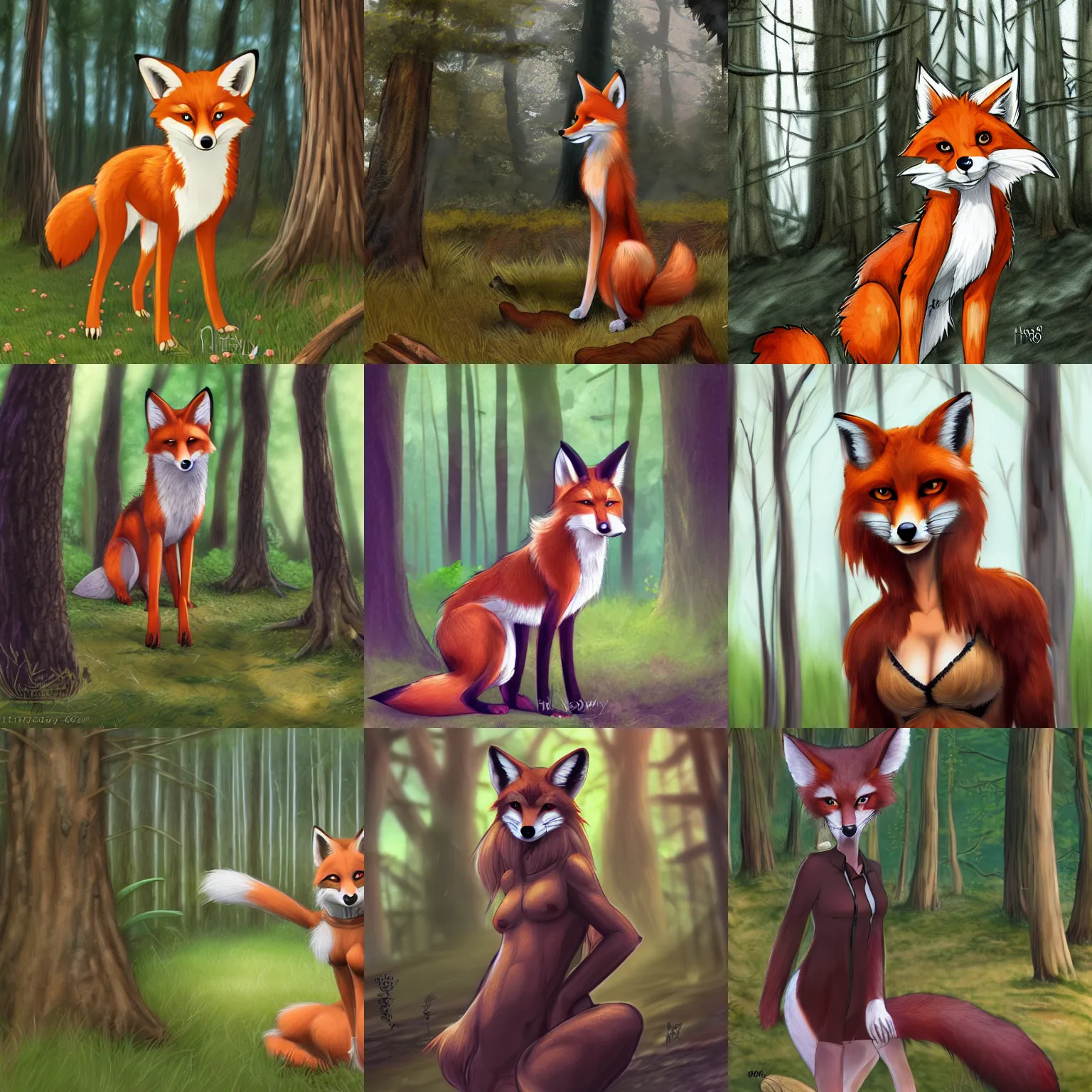 Prompt: furry art, female anthro fox standing in a forest, fursona commission, photorealistic, anime, pixiv, hibbary, dark natasha, goldenwolf, furaffinity