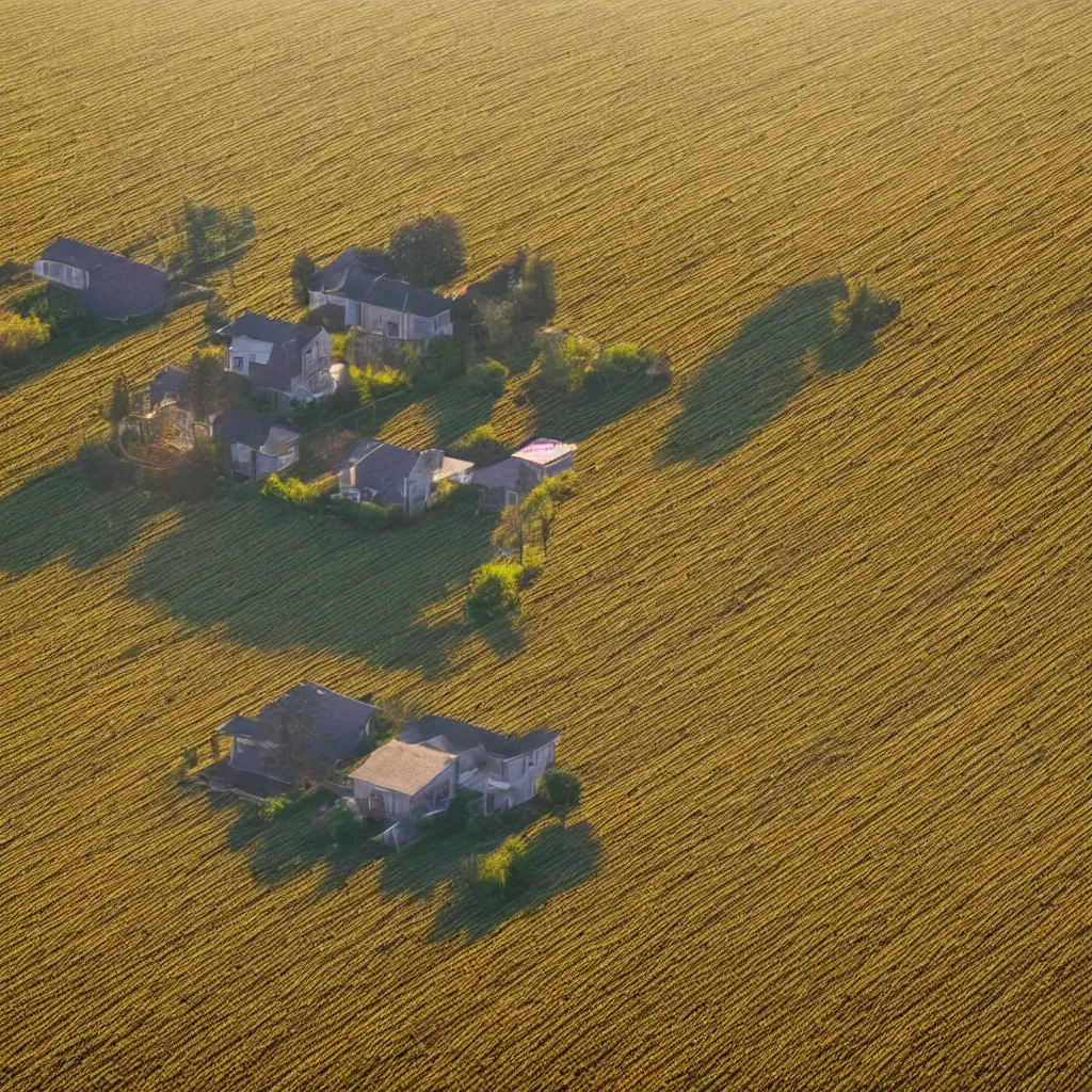 Prompt: my dream of suburban house in a grain field, golden hour, uncanny