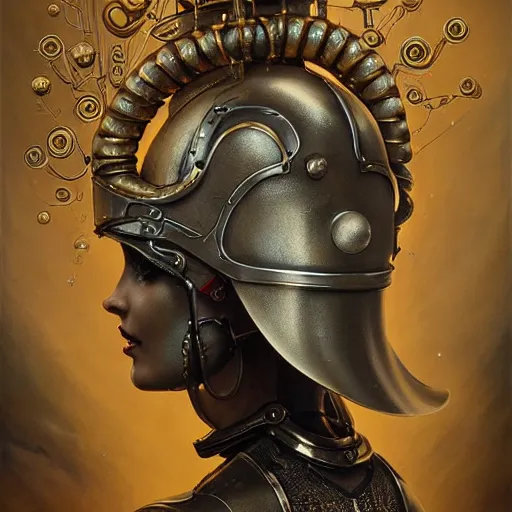 Prompt: tom bagshaw, curiosities carnival fallout, photorealistic medium shot soft paint of a single beautiful bald female full long futuristic metallic armor very tight metal helmet tentacles geared ornate, face, gynoid cyborg body, accurate features, focus, very intricate ultrafine details, award winning masterpiece