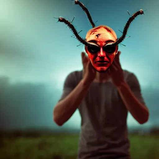 Image similar to photograph of a man with a insect head begging for blood, 8k resolution, high detail, ULTRA REALISTIC VFX, reflections