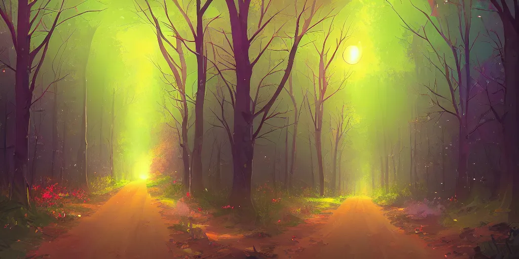 Prompt: colorful sylvain sarrailh illustration of a dark night view down an empty forest tunnel, brightly illuminated by rays of moon, wildflowers, artstation