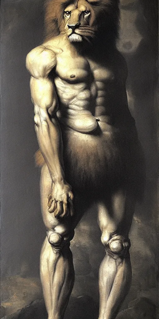 Prompt: oversized muscular lion as barbarian CEO in tuxedo human legs full body portrait pose , very textured detailed oil painting by rembrandt , hard backlight , in dark cave