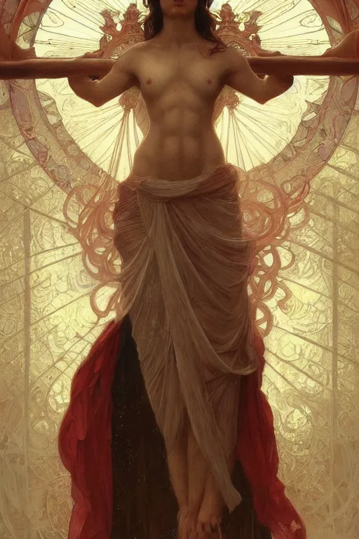 Image similar to a full body portrait of a beautiful ethereal delicate roman mage queen meditative sacral pose catholic stages of the cross, intricate, elegant, highly detailed, digital painting, artstation, concept art, smooth, sharp focus, illustration, art by krenz cushart and artem demura and alphonse mucha