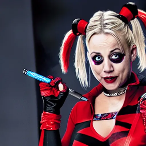 Image similar to A still of Kaley Cuoco as Harley Quinn