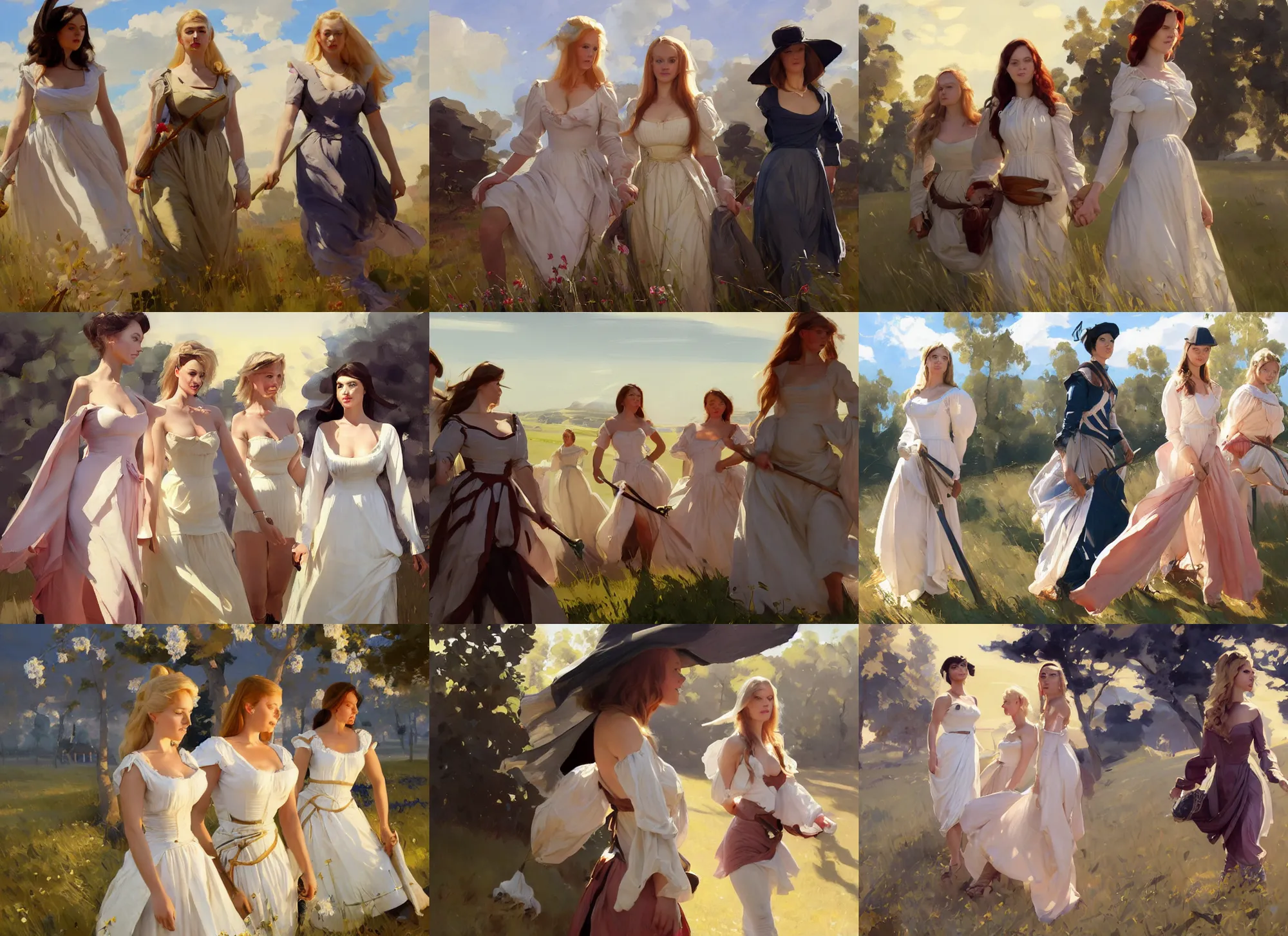 Prompt: three beautiful finnish norwegian swedish scandinavian attractive glamour models wearing 1 7 th century mantua with low neckline walking in the field in a sunny day, jodhpurs greg manchess painting by sargent and leyendecker, studio ghibli fantasy close - up shot asymmetrical intricate elegant matte painting illustration hearthstone, by greg rutkowski by greg tocchini by james gilleard