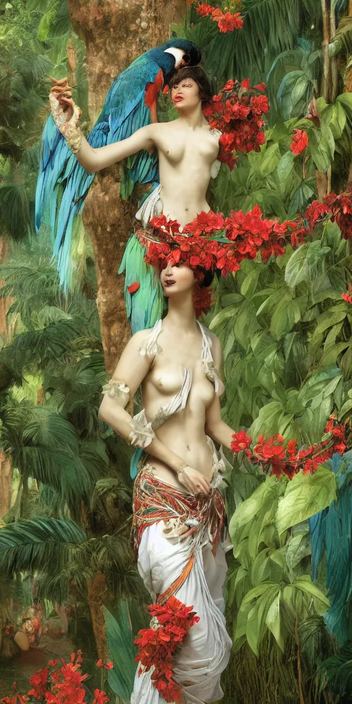 Image similar to anthropomorphic macaw woman wearing a flowing samba inpsired white and mint colored paper dress, background amazon jungle made of paper, paper Bougainvillea, ethereal, fantasy, Lawrence Alma-Tadema, James Jean, oozium, peter morbacher, angelarium, alchemy, luxury, heavenly light, Soft illumination, Trending on artstation, Cinematic Lighting, very detailed, 3D, octane render, artgerm