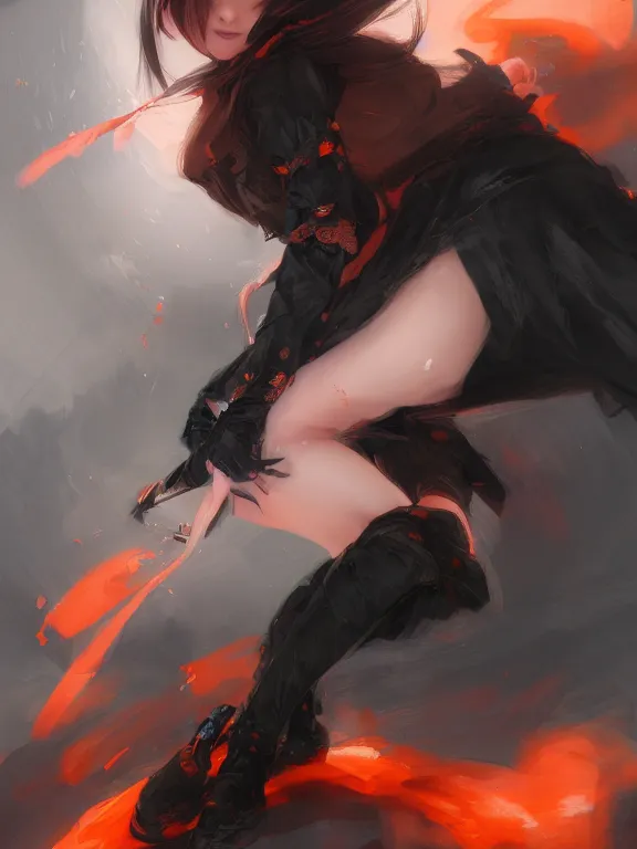 Image similar to Full shot of a cute mischievous young witch about to get up to some trouble. Black and Orange palette. By Ruan Jia and Artgerm and Range Murata and WLOP and CLAMP. Key Art. Fantasy Illustration. award winning, Artstation, intricate details, realistic, Hyperdetailed, 8k resolution.