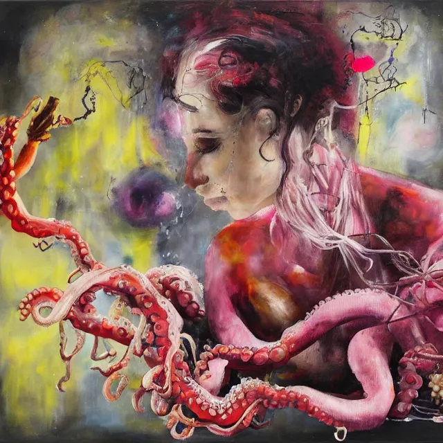 Prompt: brushstrokes, portrait of a female art student falling asleep, scientific research, crashcart, x - ray, sensual, blossom, squashed berries dripping, octopus, candlelight, neo - impressionist, surrealism, acrylic and spray paint and oilstick on canvas