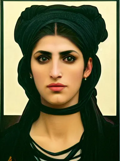 Prompt: portrait of a modern (middle-eastern) woman wearing a dark shirt, upper body 2d game avatar, Donato Giancola, Kodak film stock, chiaroscuro lighting, stylized bold outline, default pose neutral expression, expressionist colour, face-on head shot, close-up, eye-contact, sharp focus, shape language, Alphonse Mucha/Gustav Klimt style, alpha masked transparent flat background, 4k, volumetric lighting, French Nouveau, trending on artstation, octane render, ultra detailed, hyperrealistic