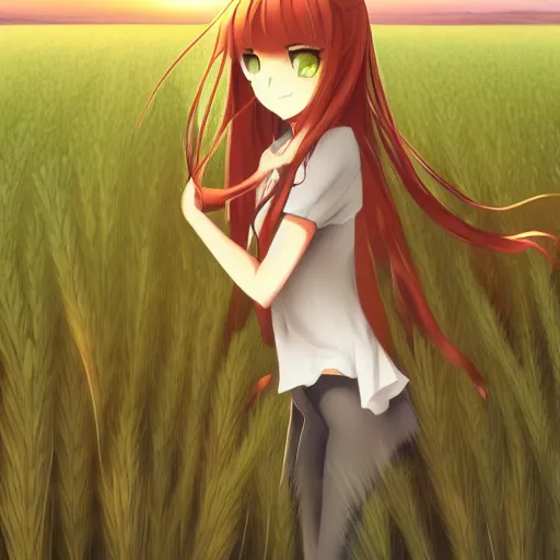 Prompt: anime illustration of Holo from Spice and Wolf standing in a wheat field at sunset, Holo if a wolf girl, high detail, trending on pixiv