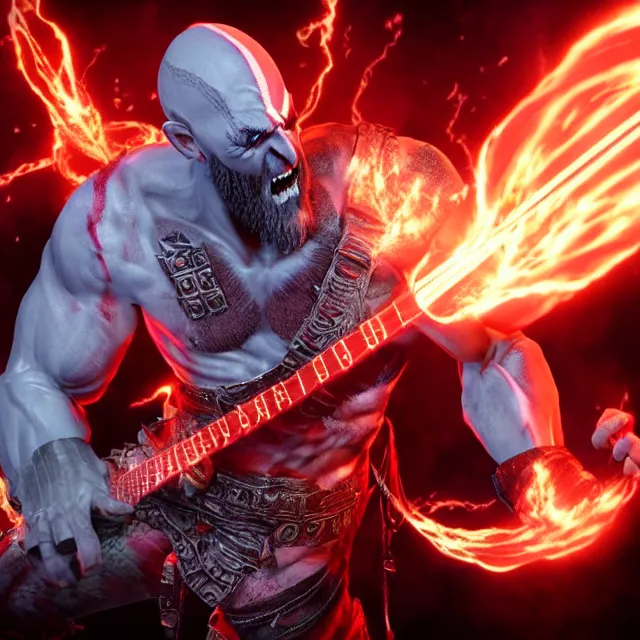 Image similar to glowing demon eyes kratos shredding on a flaming stratocaster guitar, cinematic render, god of war 2 0 1 8, santa monica studio official media, flaming eyes, lightning