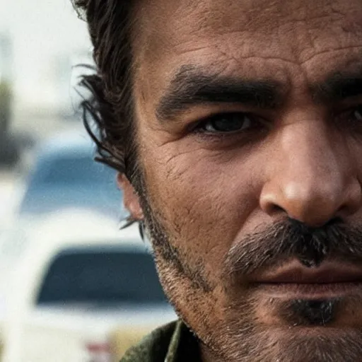 Image similar to close-up of a Kurdish detective in a movie directed by Christopher Nolan, movie still frame, promotional image, imax 70 mm footage