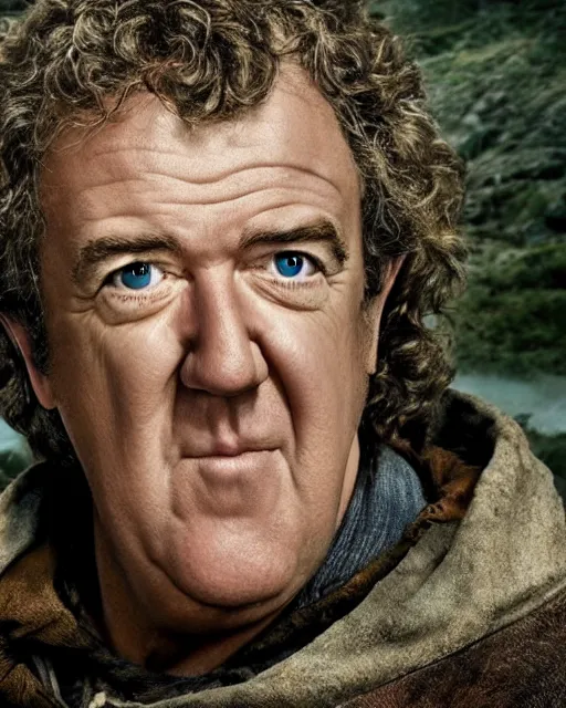 Prompt: film still close - up shot of jeremy clarkson as bilbo baggins from the movie the hobbit. photographic, photography