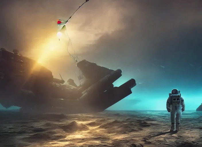 Image similar to astronaut holding a flag in an underwater desert. a submarine is visible in the distance. dark, concept art, cinematic, dramatic, atmospheric, 8 k, trending on artstation, blue, fish, low visibility, fog, ocean floor, christopher nolan, interstellar