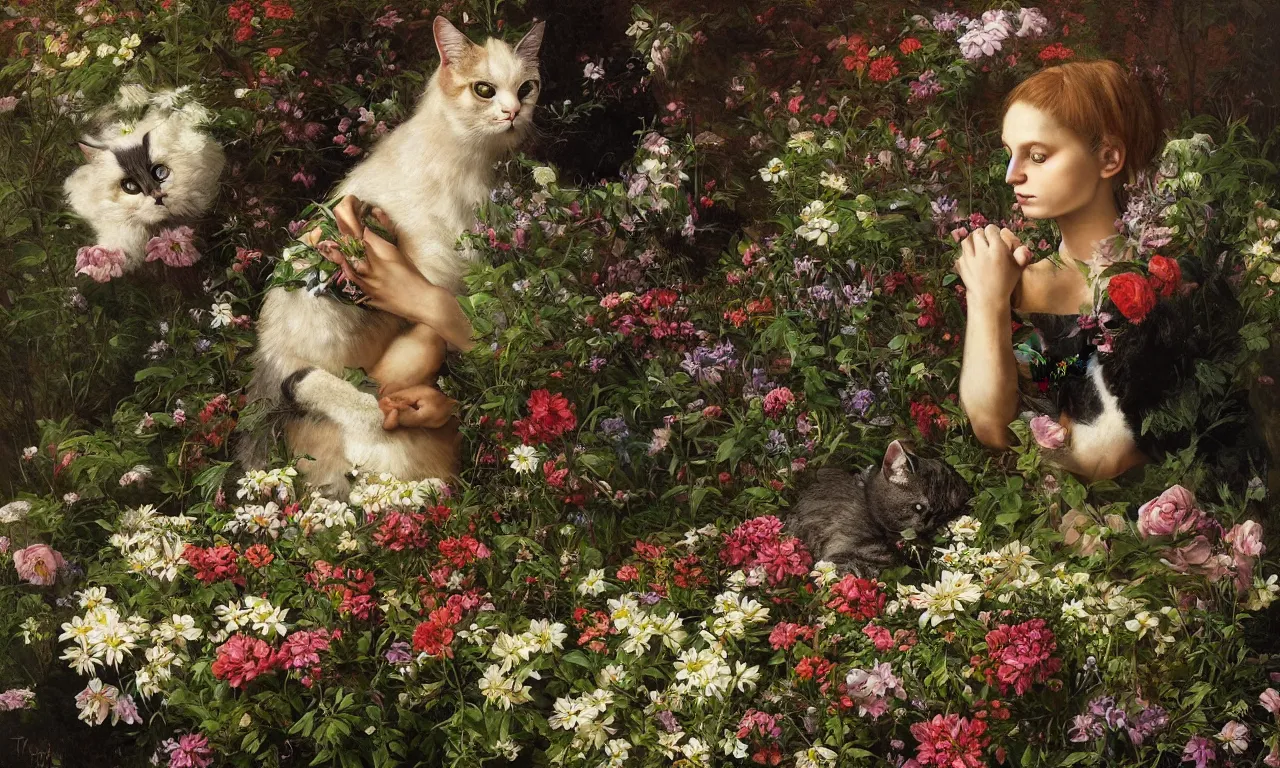 Image similar to a portrait of a cat sitting amongst the flowers, painting by James C. Christensen, by Tomasz Alen Kopera, by Raphael, by Caravaggio