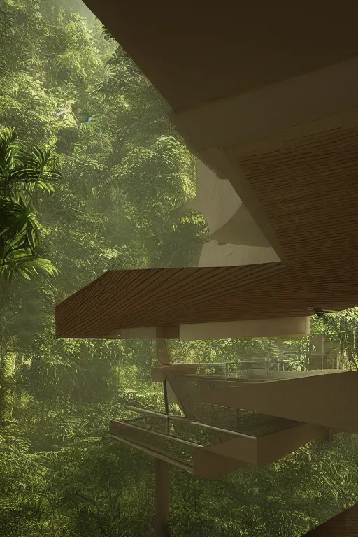 Prompt: architecture inspired by le corbusier in the rainforest. octane render. global illumination. atmospheric. photorealistic. warm colors.